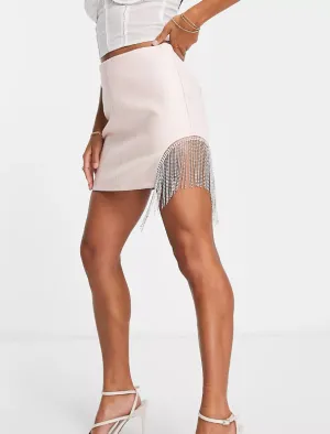 Miss Selfridge Petite Faux Leather Diamante Fringe Cut-Out Mini Skirt In Pale Pink