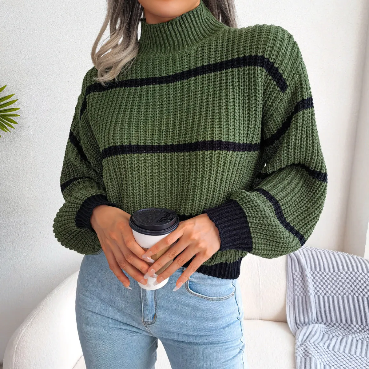 Mockneck Striped Long Sleeve Knit Sweater