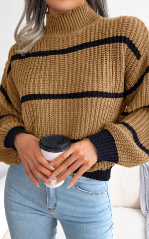 Mockneck Striped Long Sleeve Knit Sweater