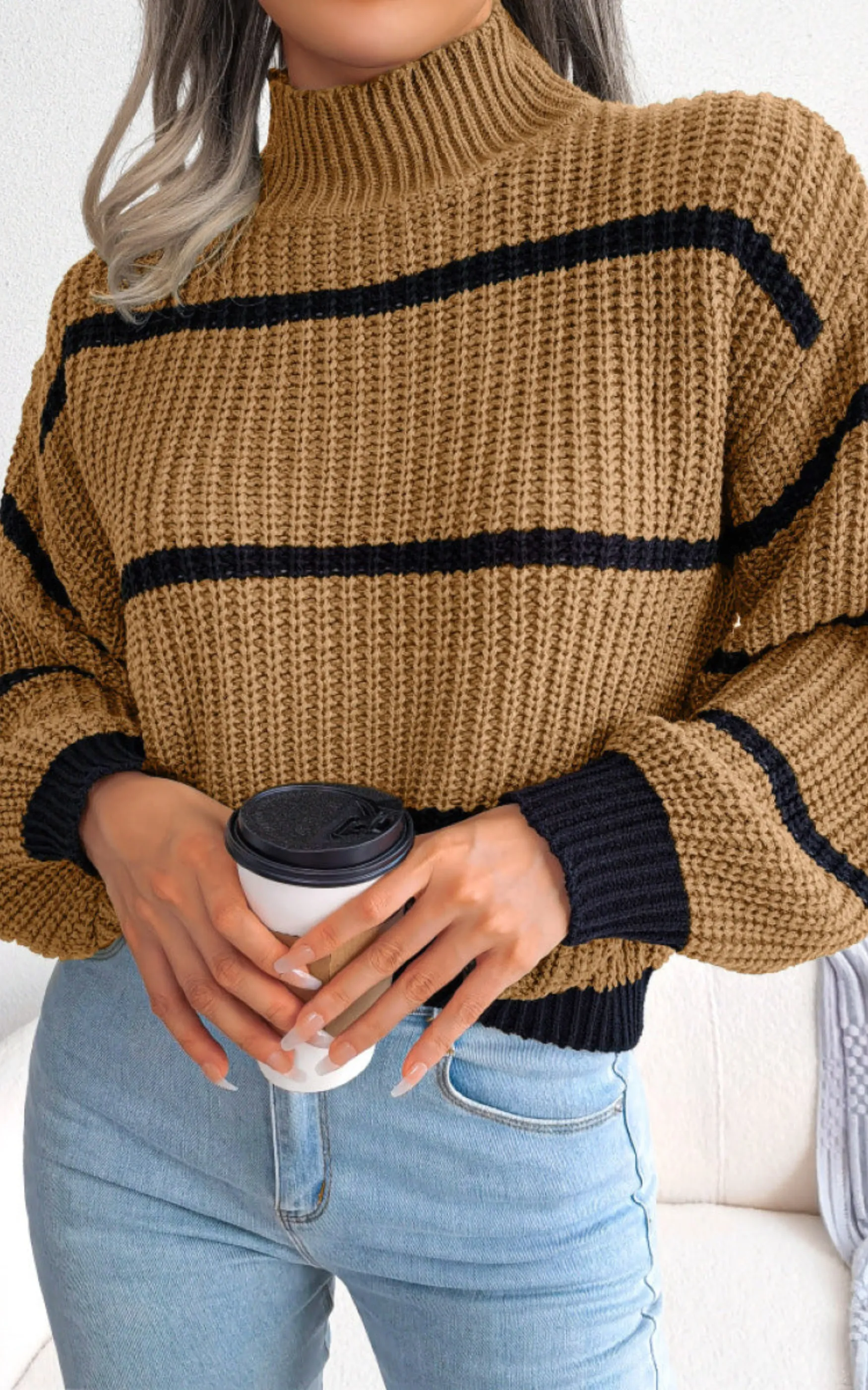 Mockneck Striped Long Sleeve Knit Sweater
