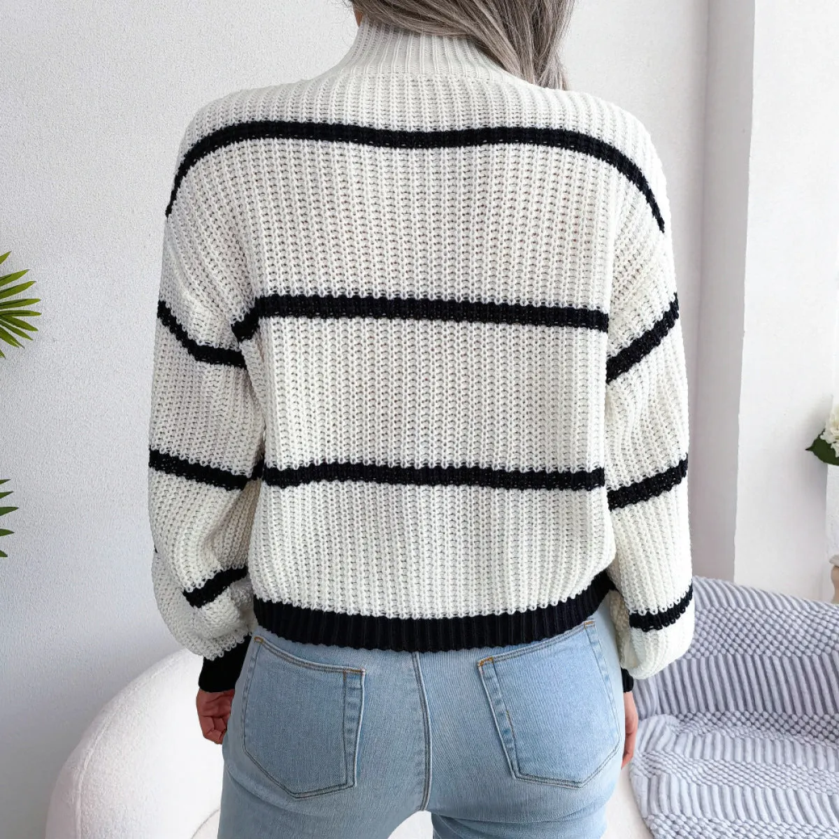 Mockneck Striped Long Sleeve Knit Sweater