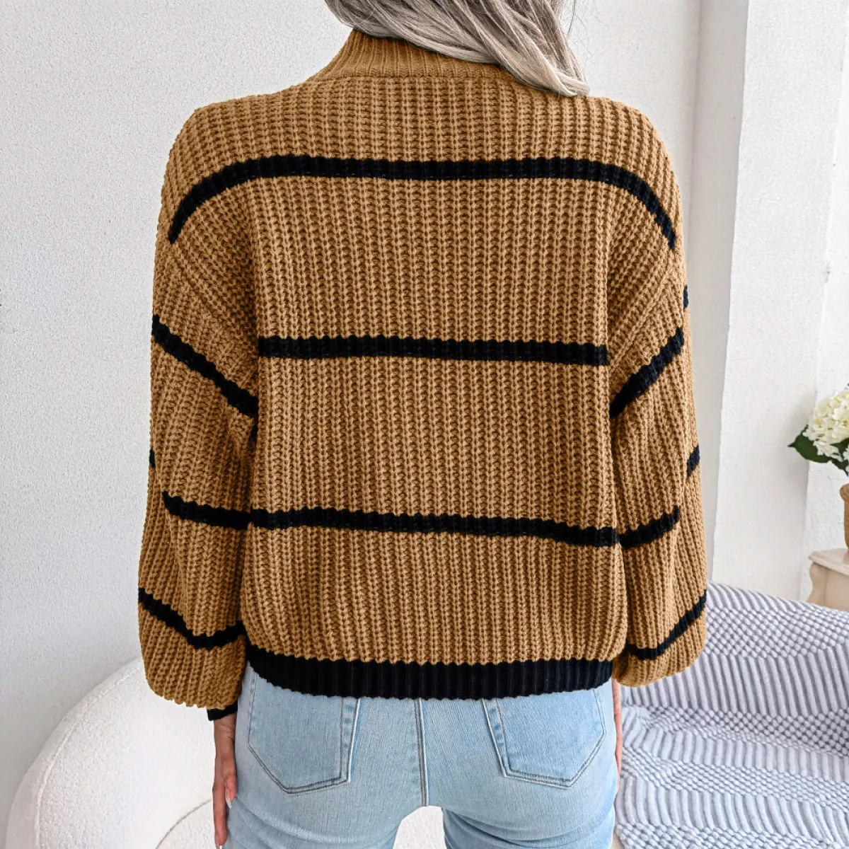 Mockneck Striped Long Sleeve Knit Sweater