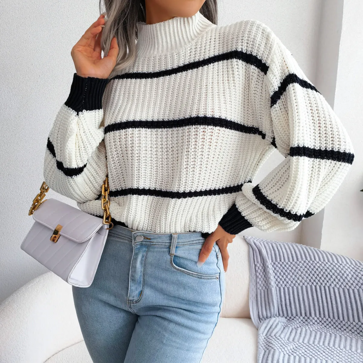 Mockneck Striped Long Sleeve Knit Sweater