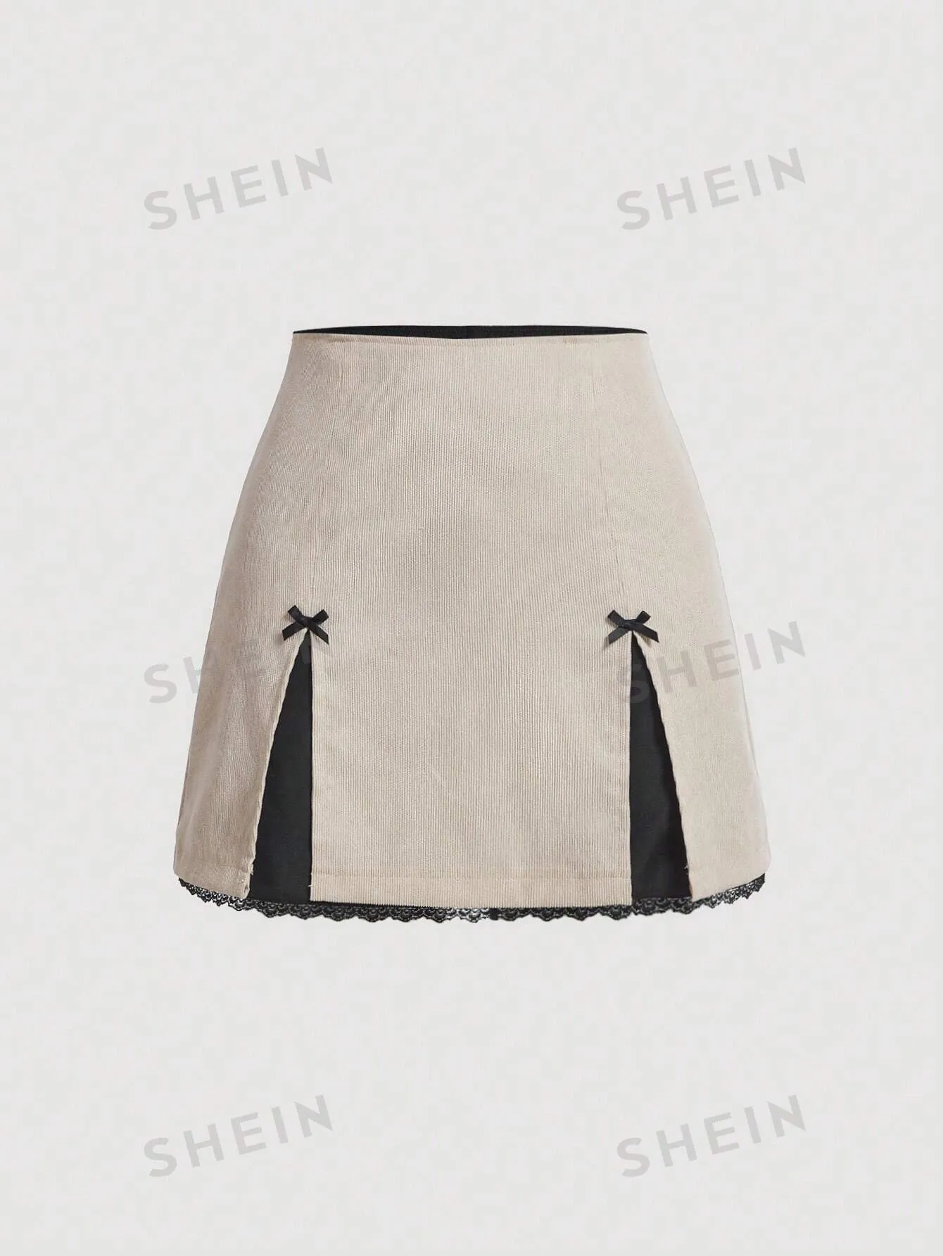 MOD Contrasting Colors Bow Front Lace Slit Trim  Date Night  Skirt