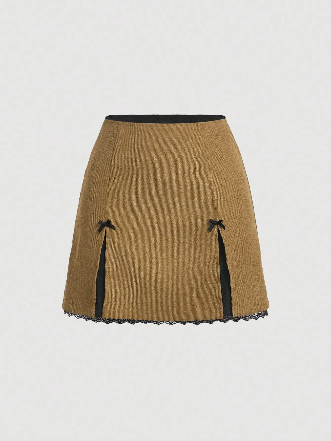 MOD Contrasting Colors Bow Front Lace Slit Trim  Date Night  Skirt