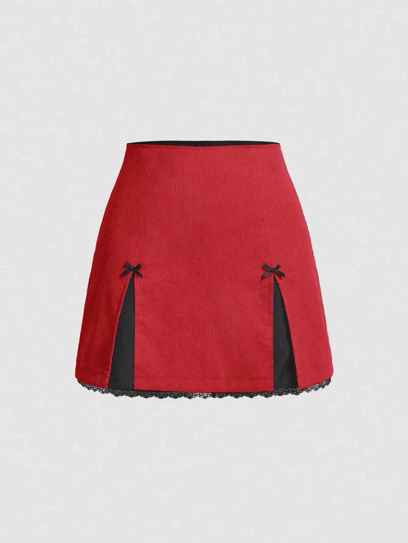MOD Contrasting Colors Bow Front Lace Slit Trim  Date Night  Skirt