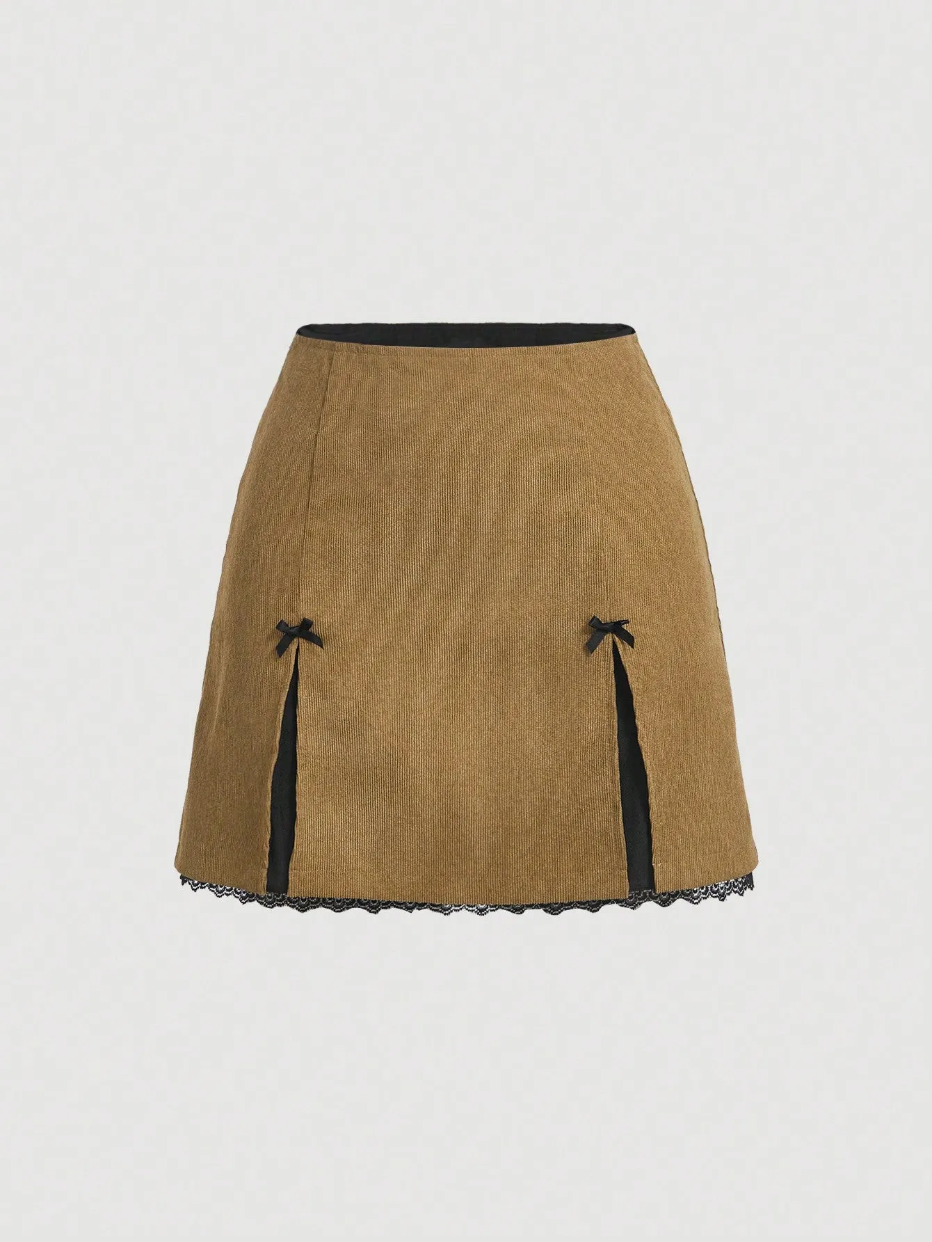 MOD Contrasting Colors Bow Front Lace Slit Trim  Date Night  Skirt