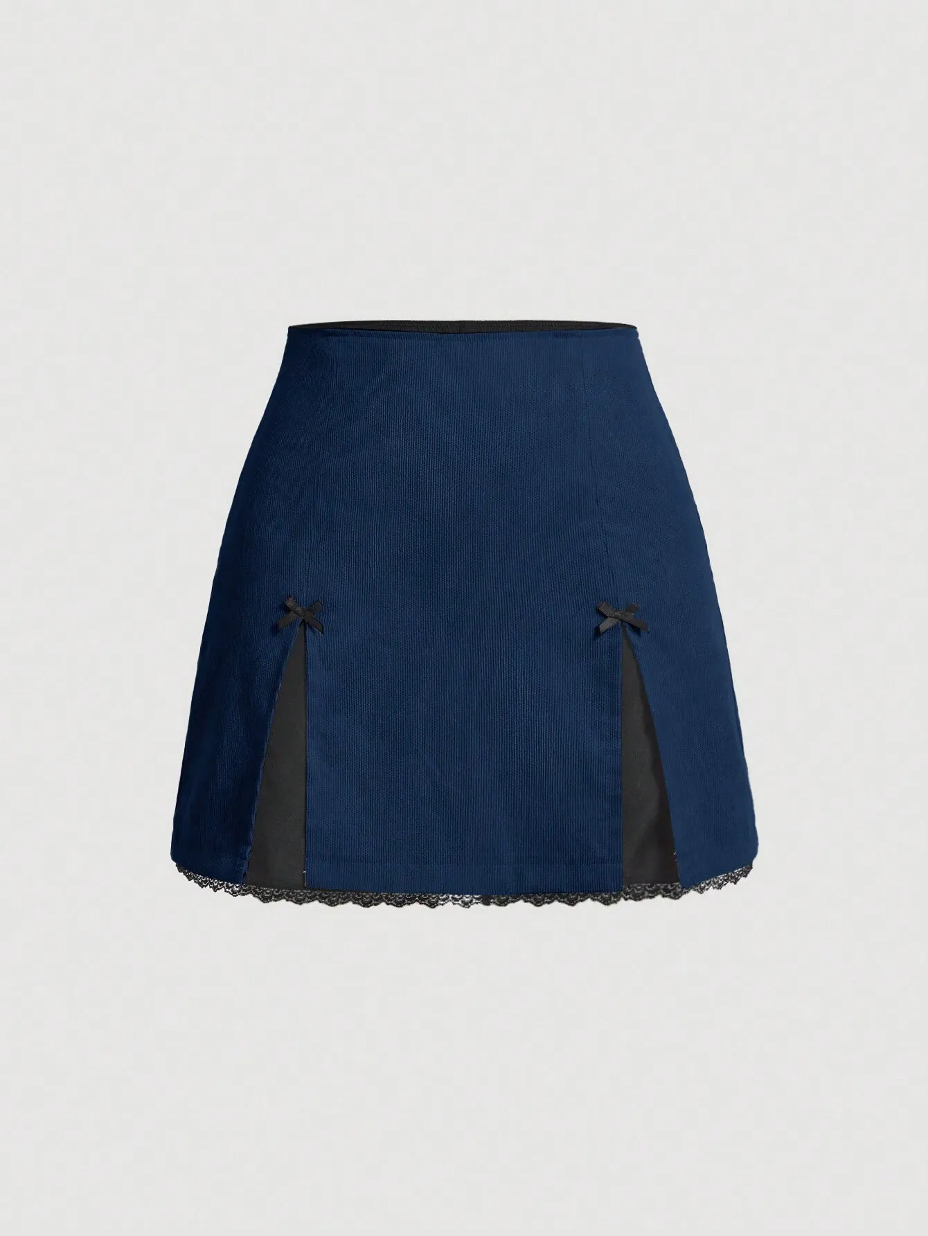MOD Contrasting Colors Bow Front Lace Slit Trim  Date Night  Skirt