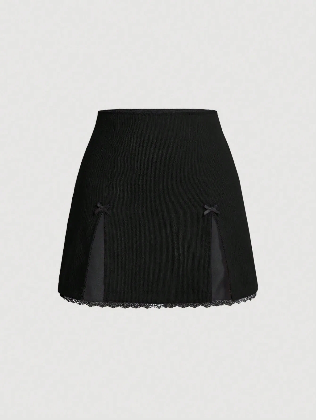 MOD Contrasting Colors Bow Front Lace Slit Trim  Date Night  Skirt