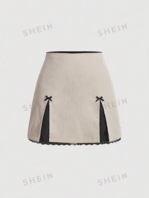MOD Contrasting Colors Bow Front Lace Slit Trim  Date Night  Skirt