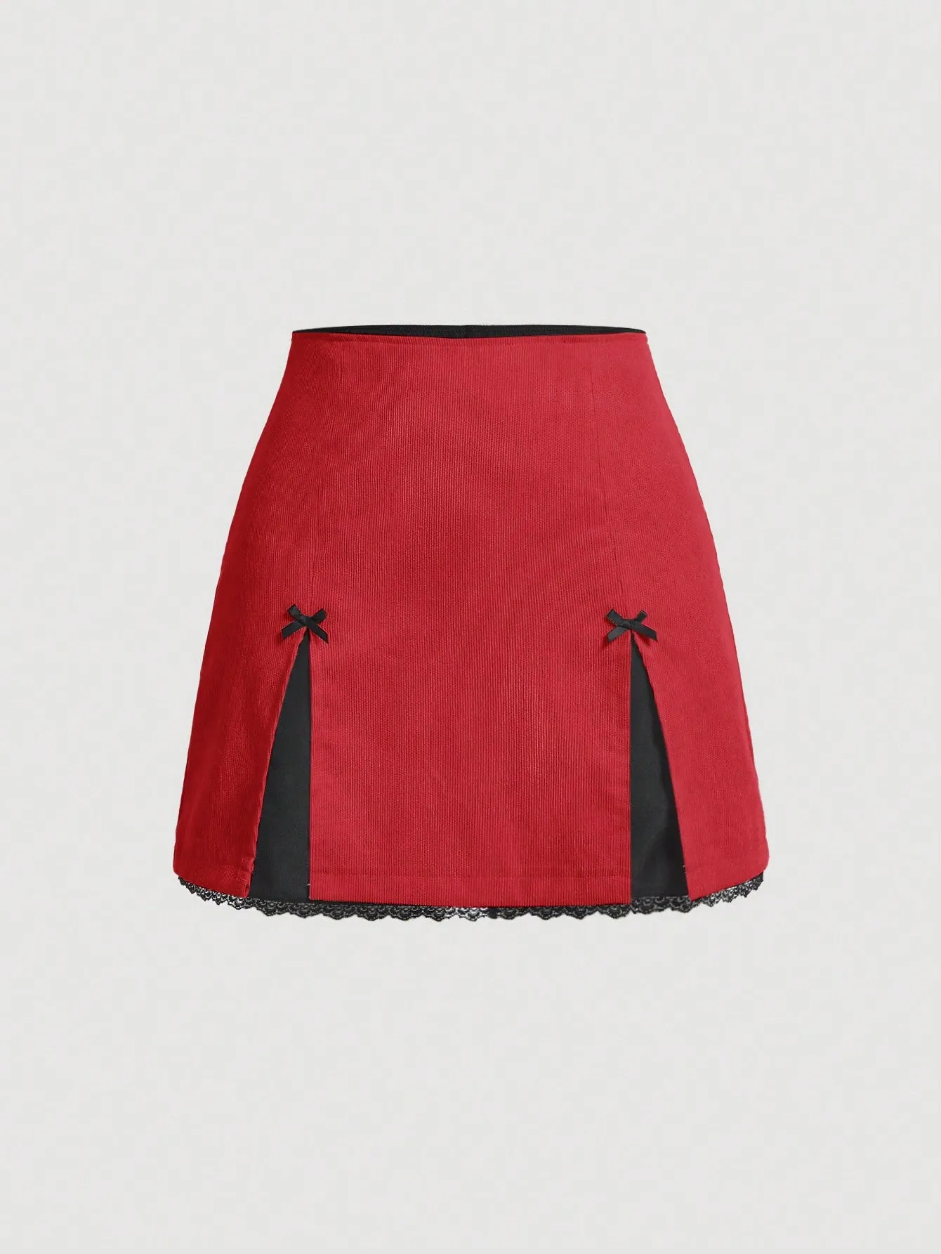 MOD Contrasting Colors Bow Front Lace Slit Trim  Date Night  Skirt