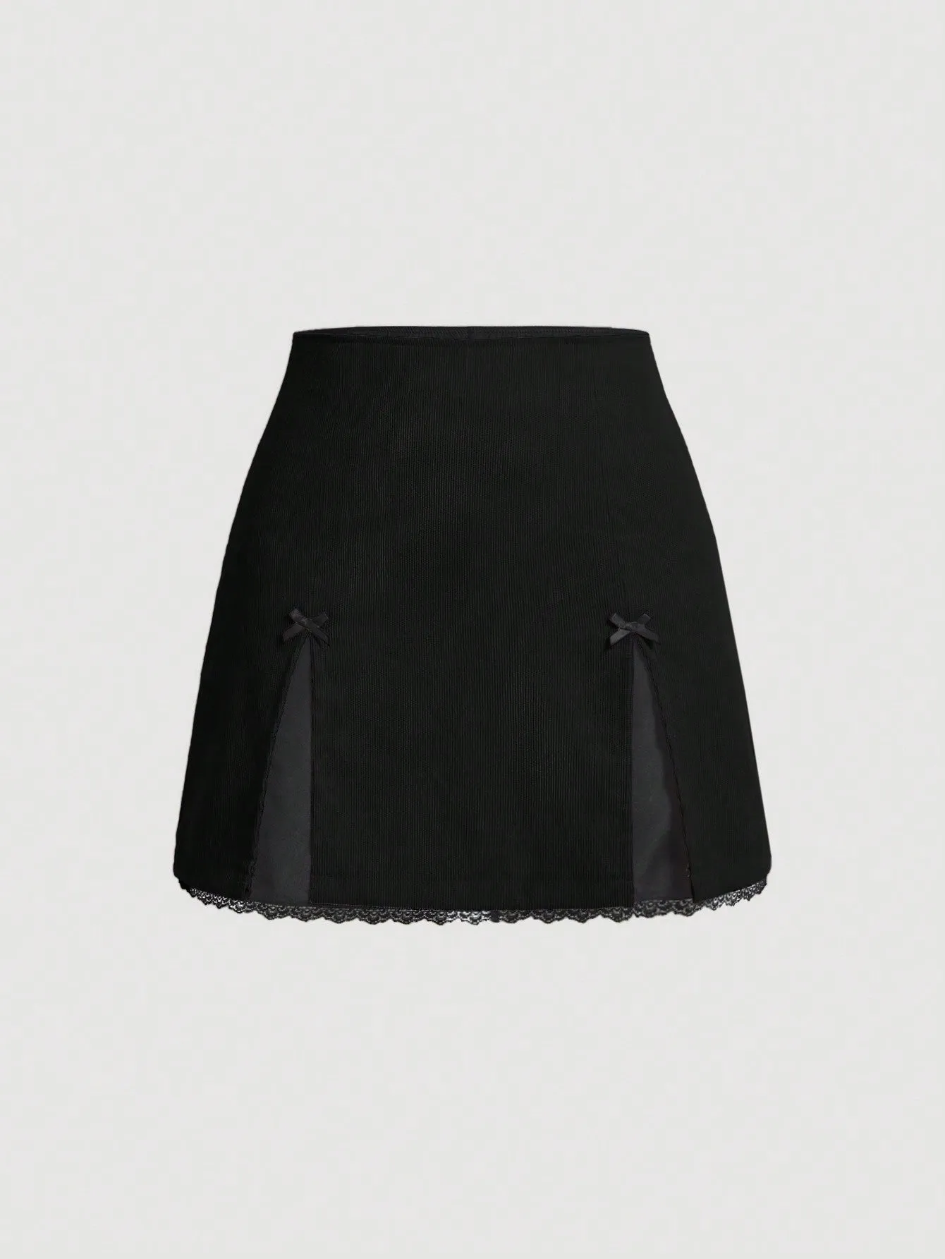 MOD Contrasting Colors Bow Front Lace Slit Trim  Date Night  Skirt