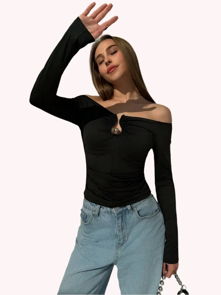 Off Shoulder Long Sleeve Crop Top