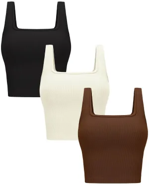 OLCHEE Womens 3 Pack Crop Tank Tops Basic Seamless Ribbed Sleeveless Square Neck Workout Top Summer Exercise Yoga Gym Shirts - Black Brown Beige Small