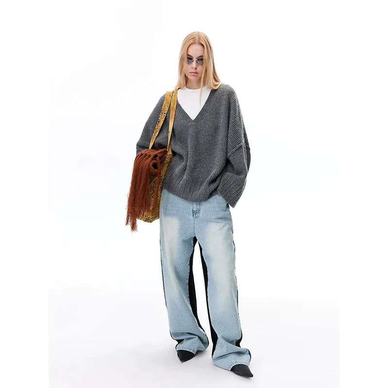 Oversized V-Neck Ribbed Knit Sweater