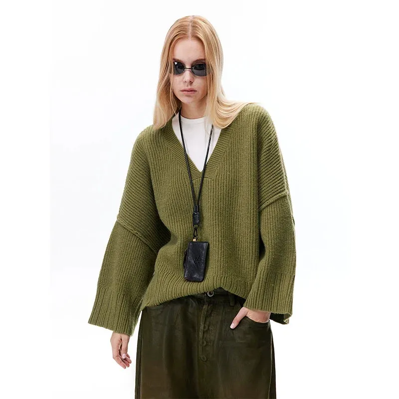 Oversized V-Neck Ribbed Knit Sweater