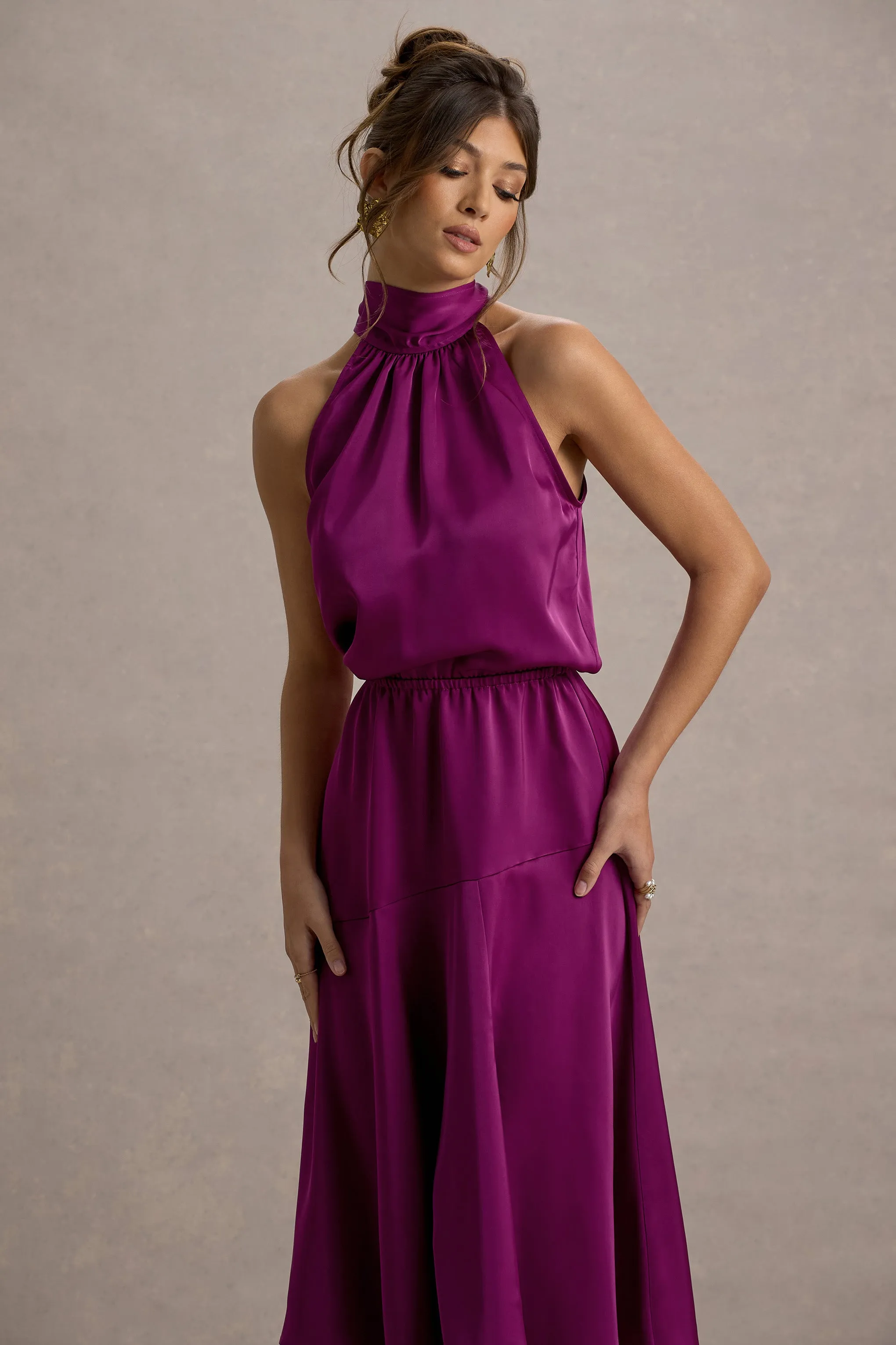 Palonia | Pink Satin High-Neck Split Midi Dress