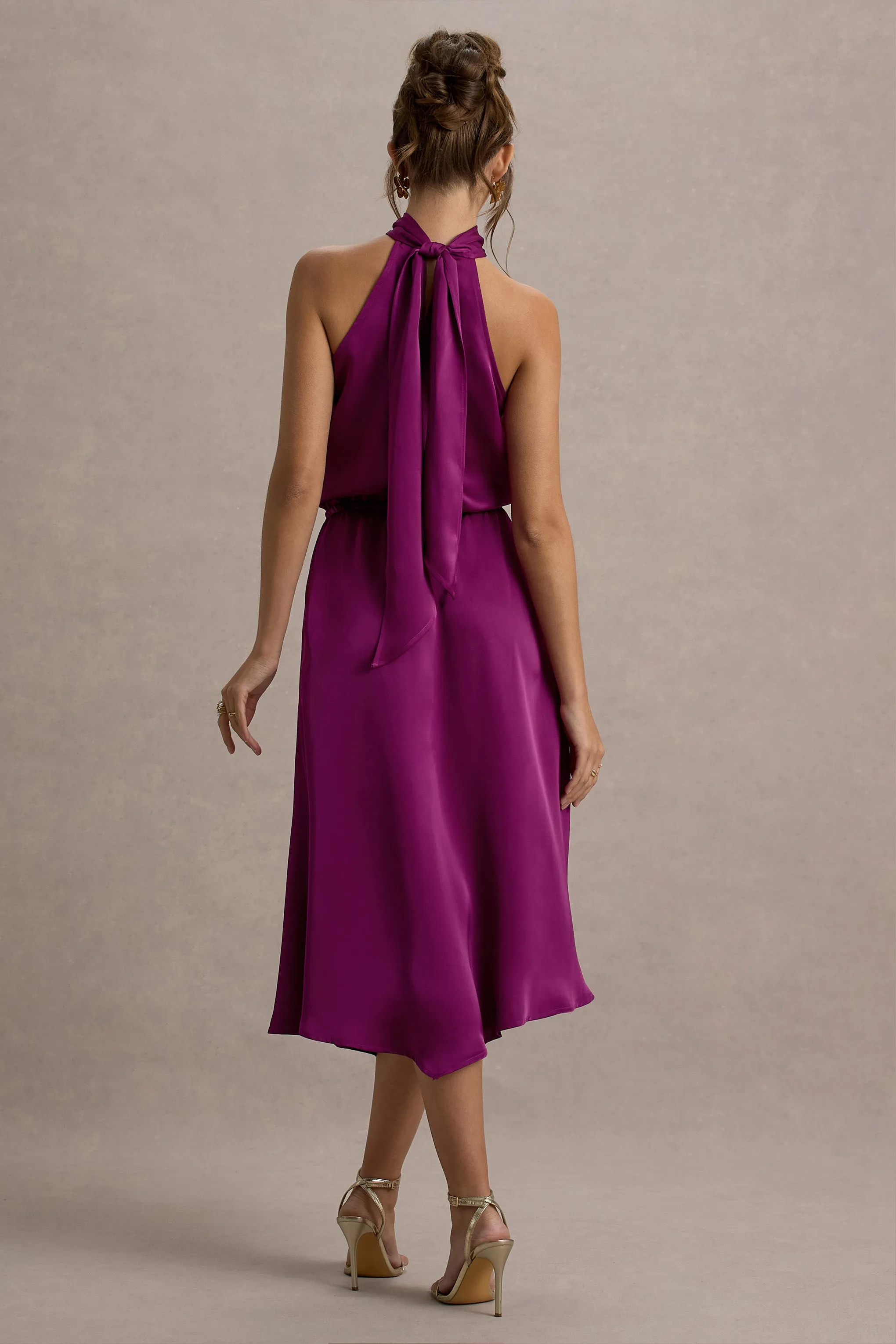 Palonia | Pink Satin High-Neck Split Midi Dress