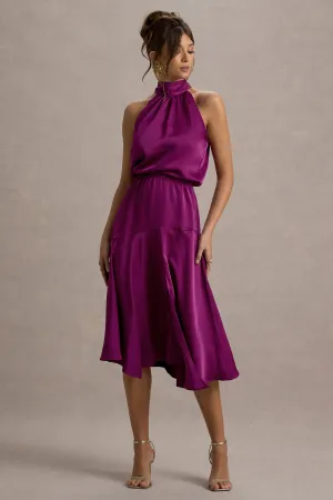 Palonia | Pink Satin High-Neck Split Midi Dress