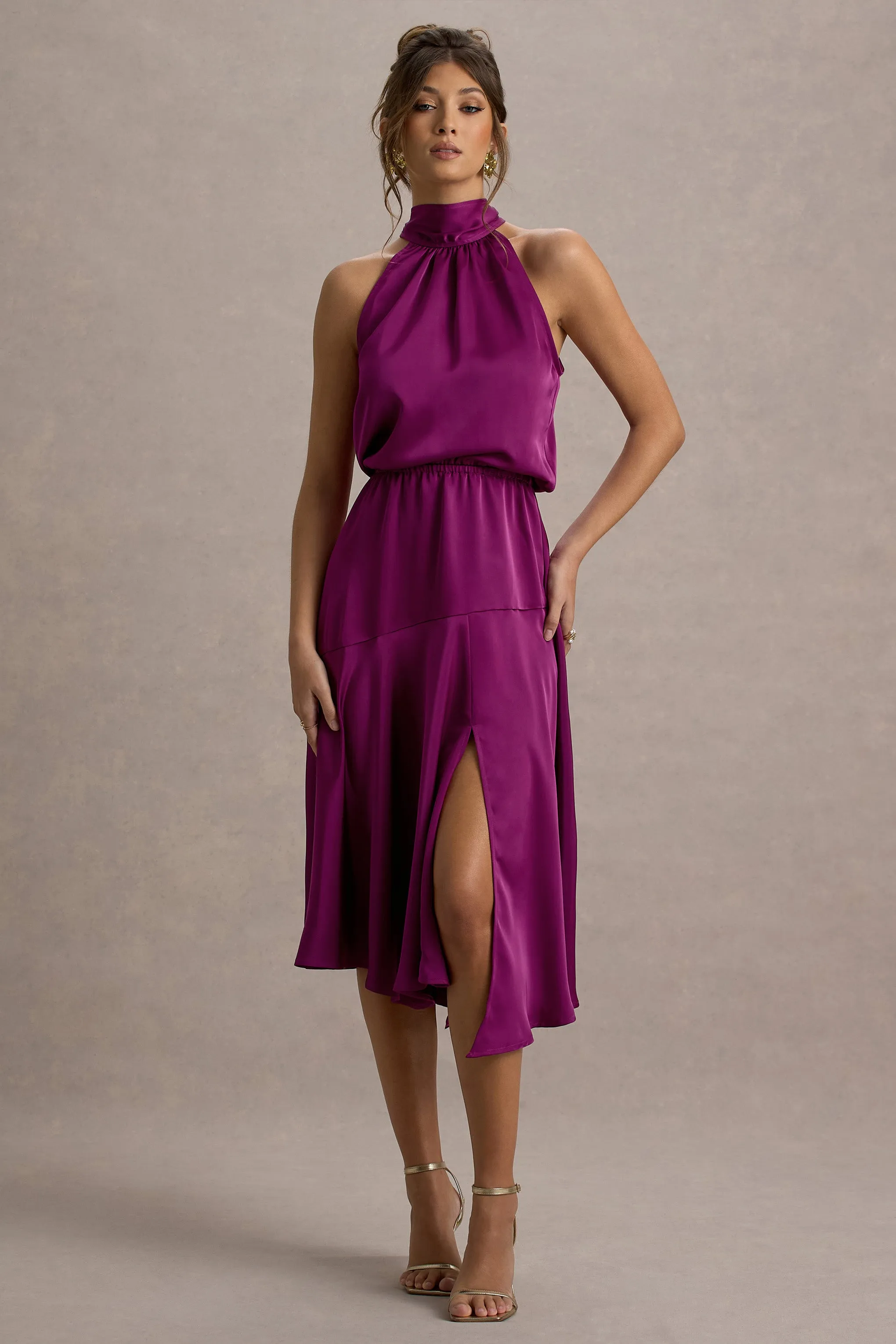 Palonia | Pink Satin High-Neck Split Midi Dress