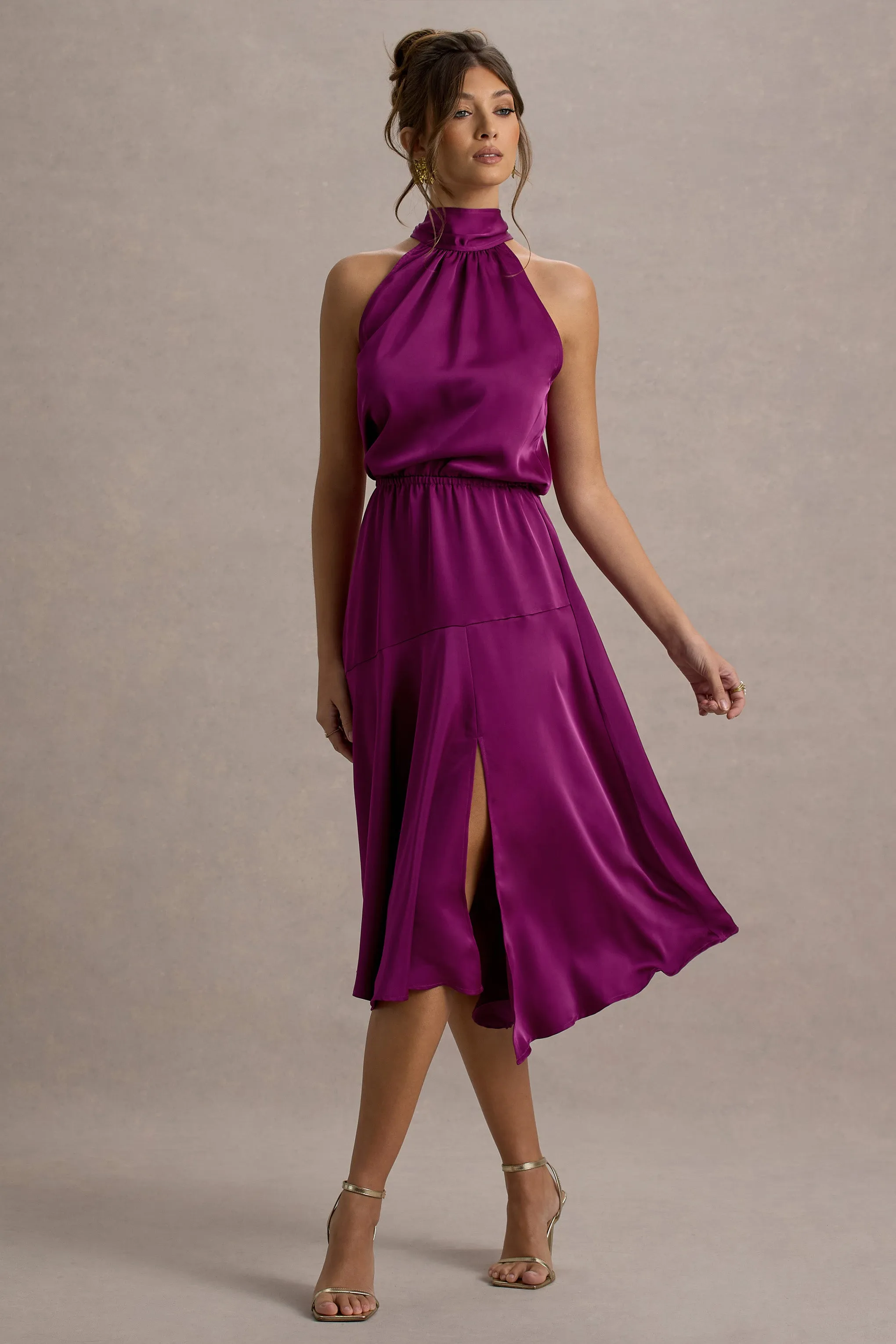Palonia | Pink Satin High-Neck Split Midi Dress