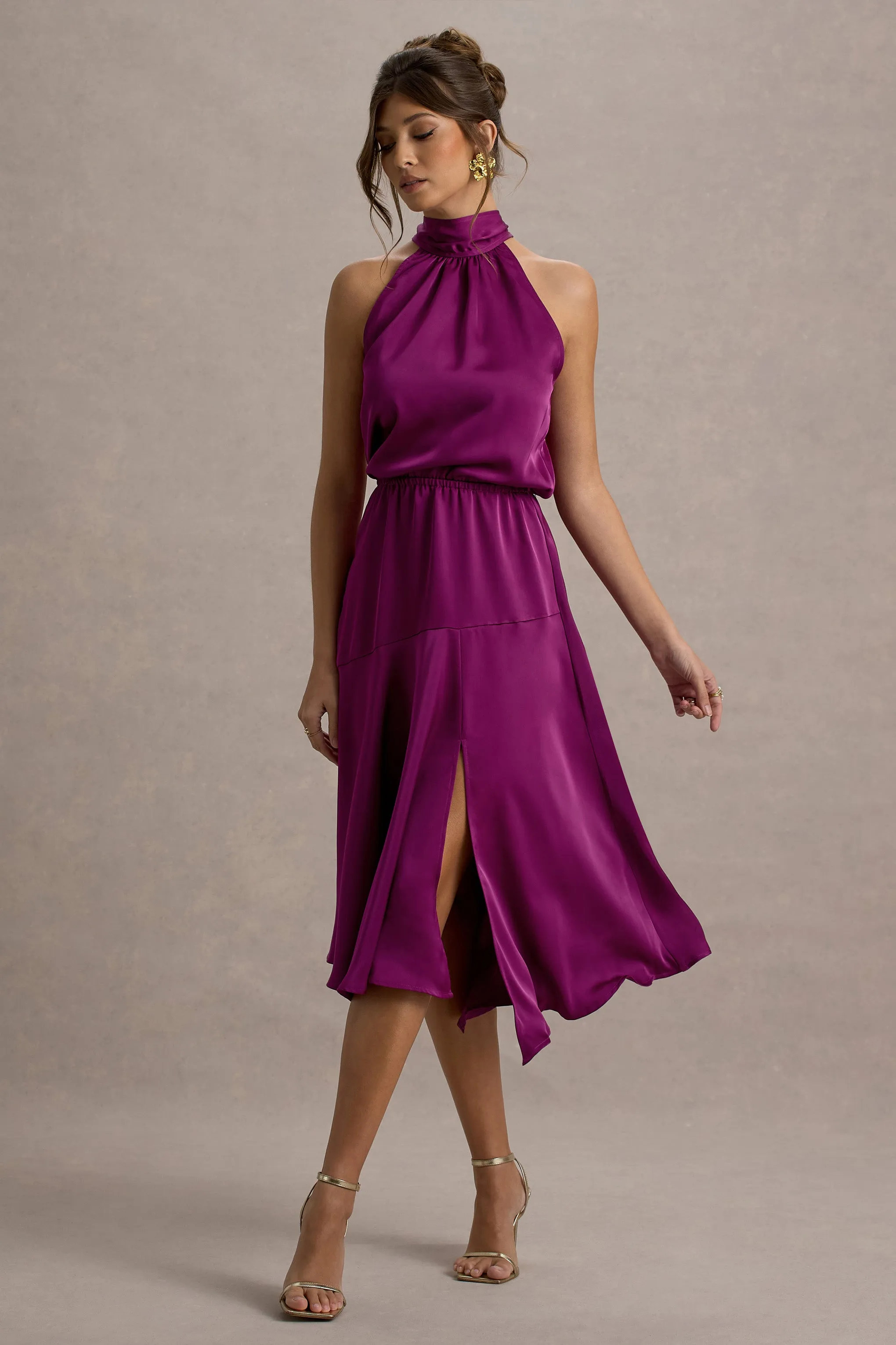 Palonia | Pink Satin High-Neck Split Midi Dress