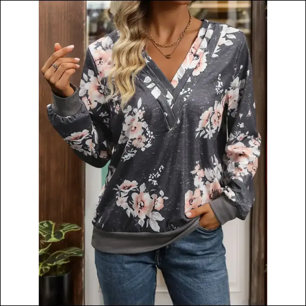 Perfee Chic V-Neck Long Sleeve Sweatshirt