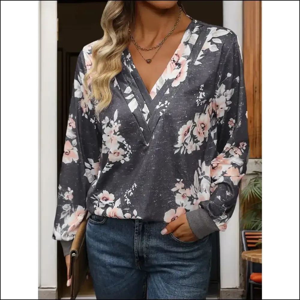 Perfee Chic V-Neck Long Sleeve Sweatshirt