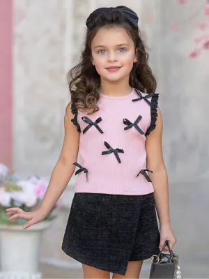 Pink Bow Top and Black Tweed Skort Set