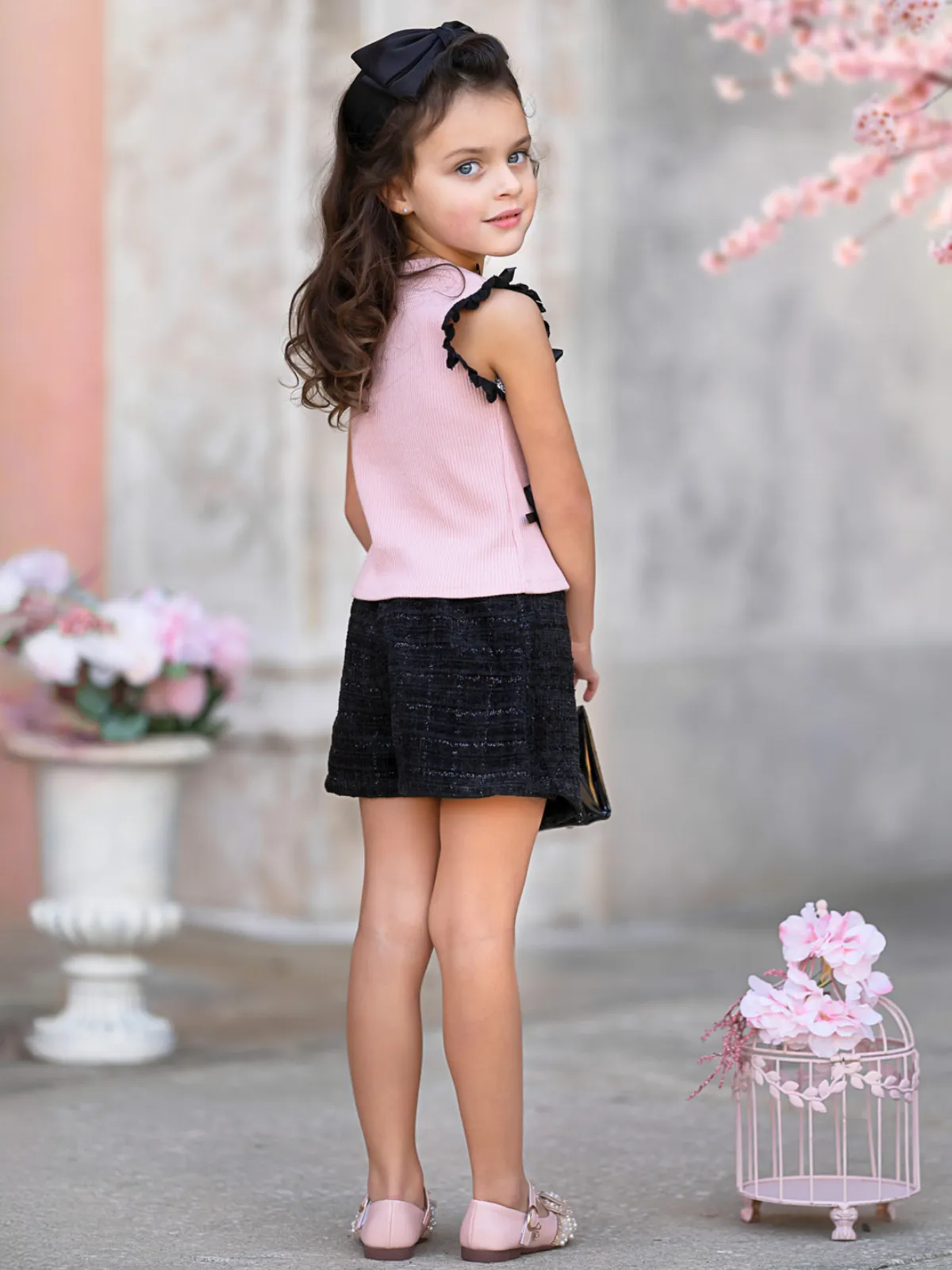 Pink Bow Top and Black Tweed Skort Set