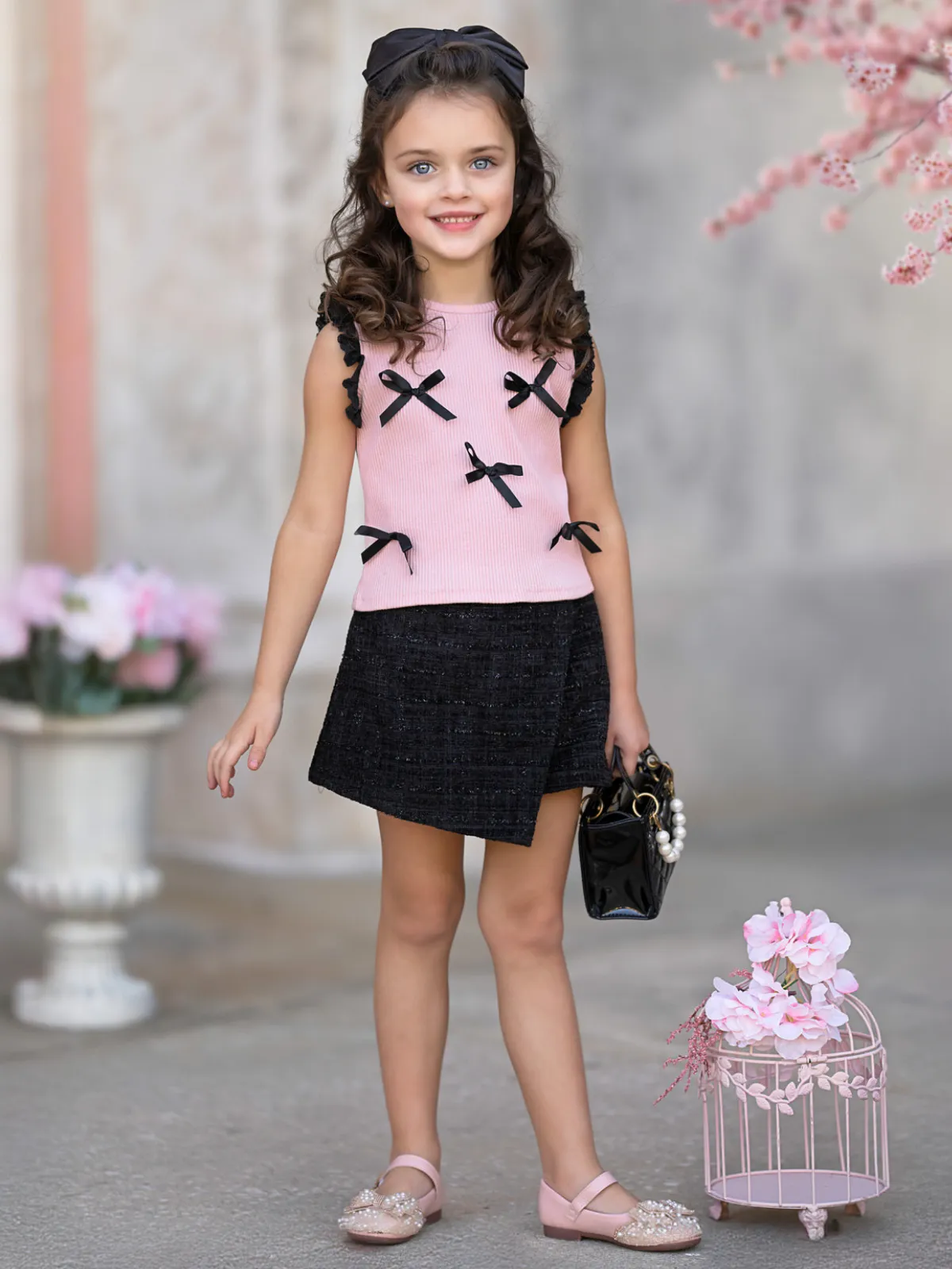 Pink Bow Top and Black Tweed Skort Set