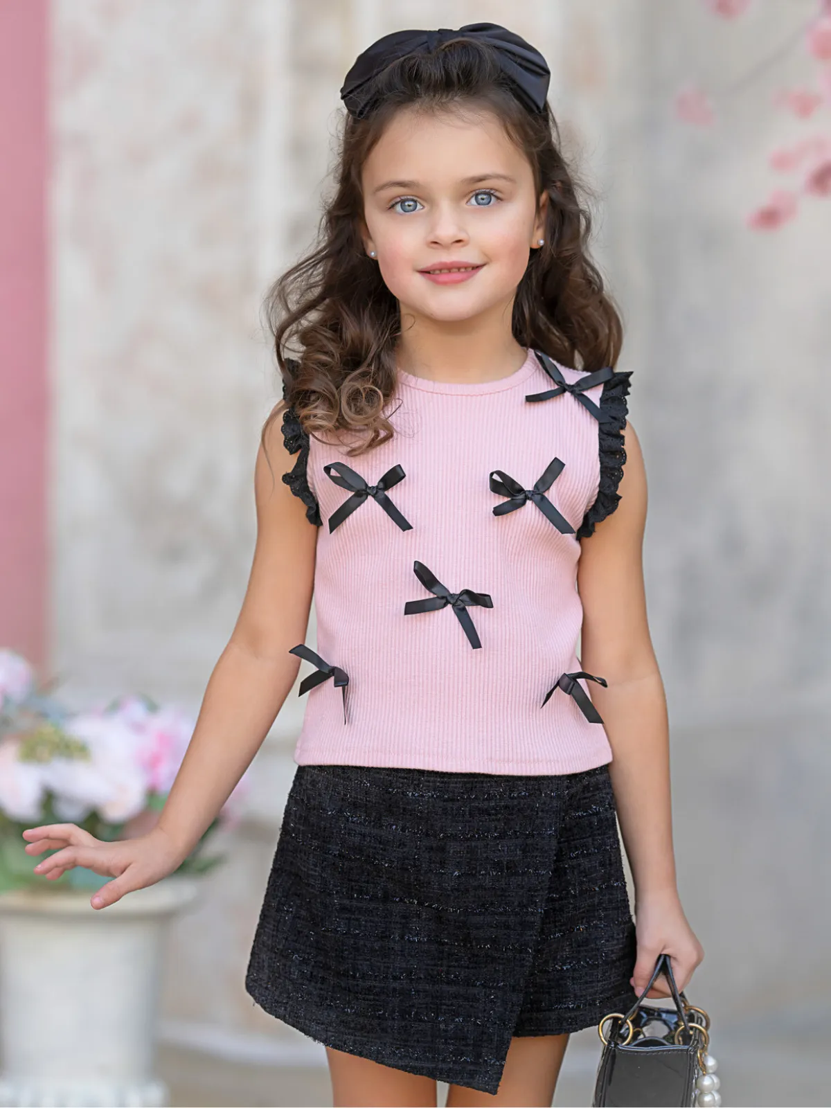 Pink Bow Top and Black Tweed Skort Set