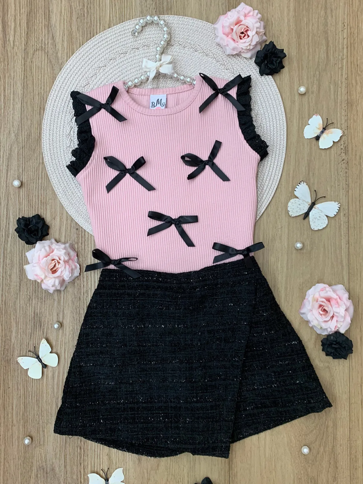 Pink Bow Top and Black Tweed Skort Set