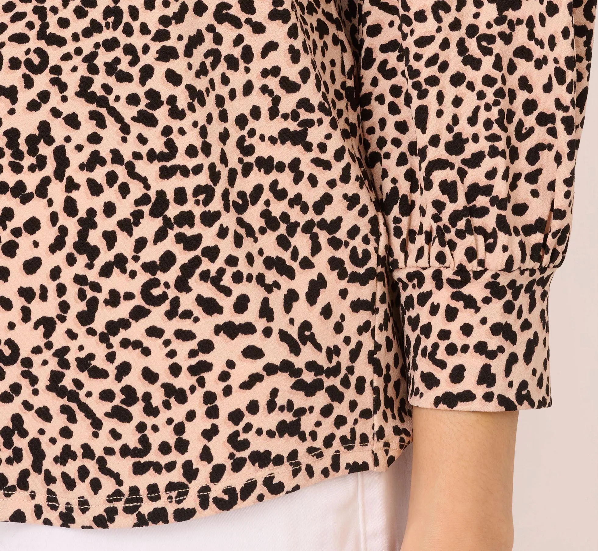 Printed V Neck Top With Cuffed Three Quarter Sleeves In Tan Shadow Leopard