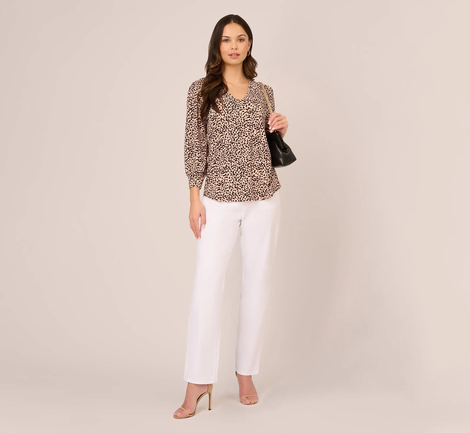 Printed V Neck Top With Cuffed Three Quarter Sleeves In Tan Shadow Leopard