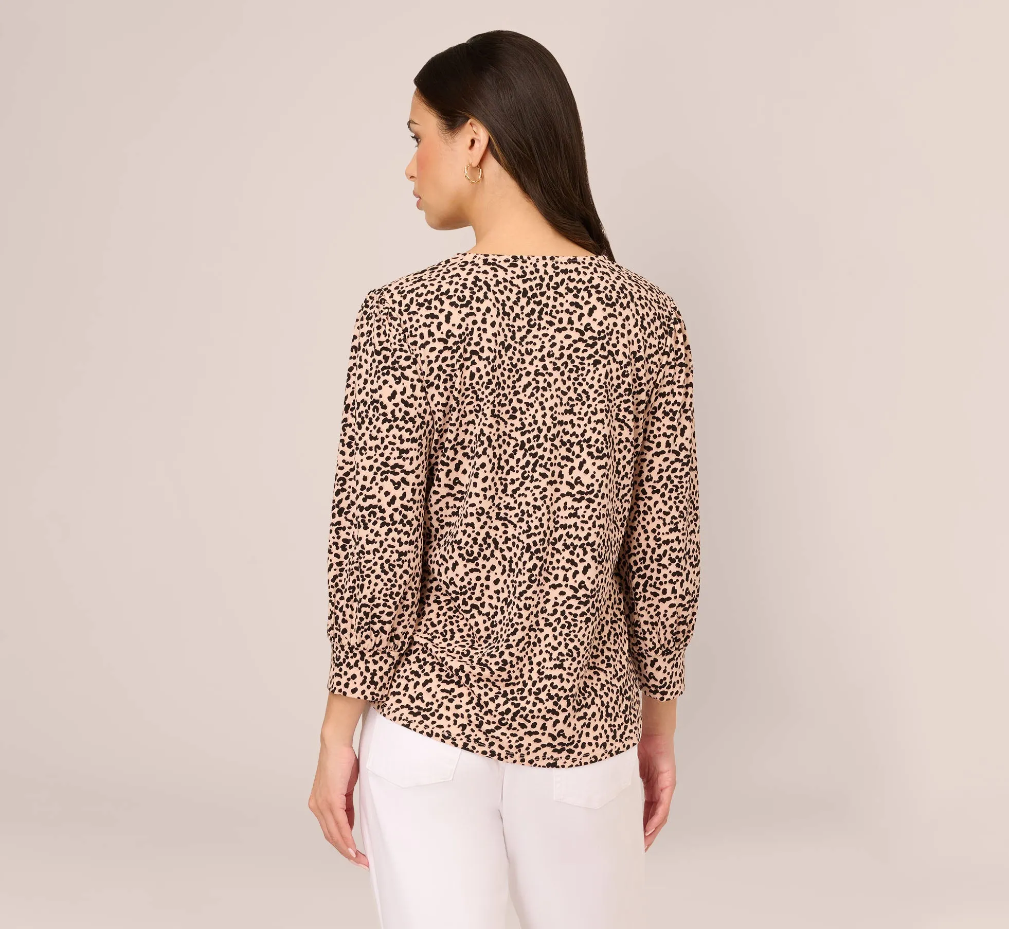 Printed V Neck Top With Cuffed Three Quarter Sleeves In Tan Shadow Leopard
