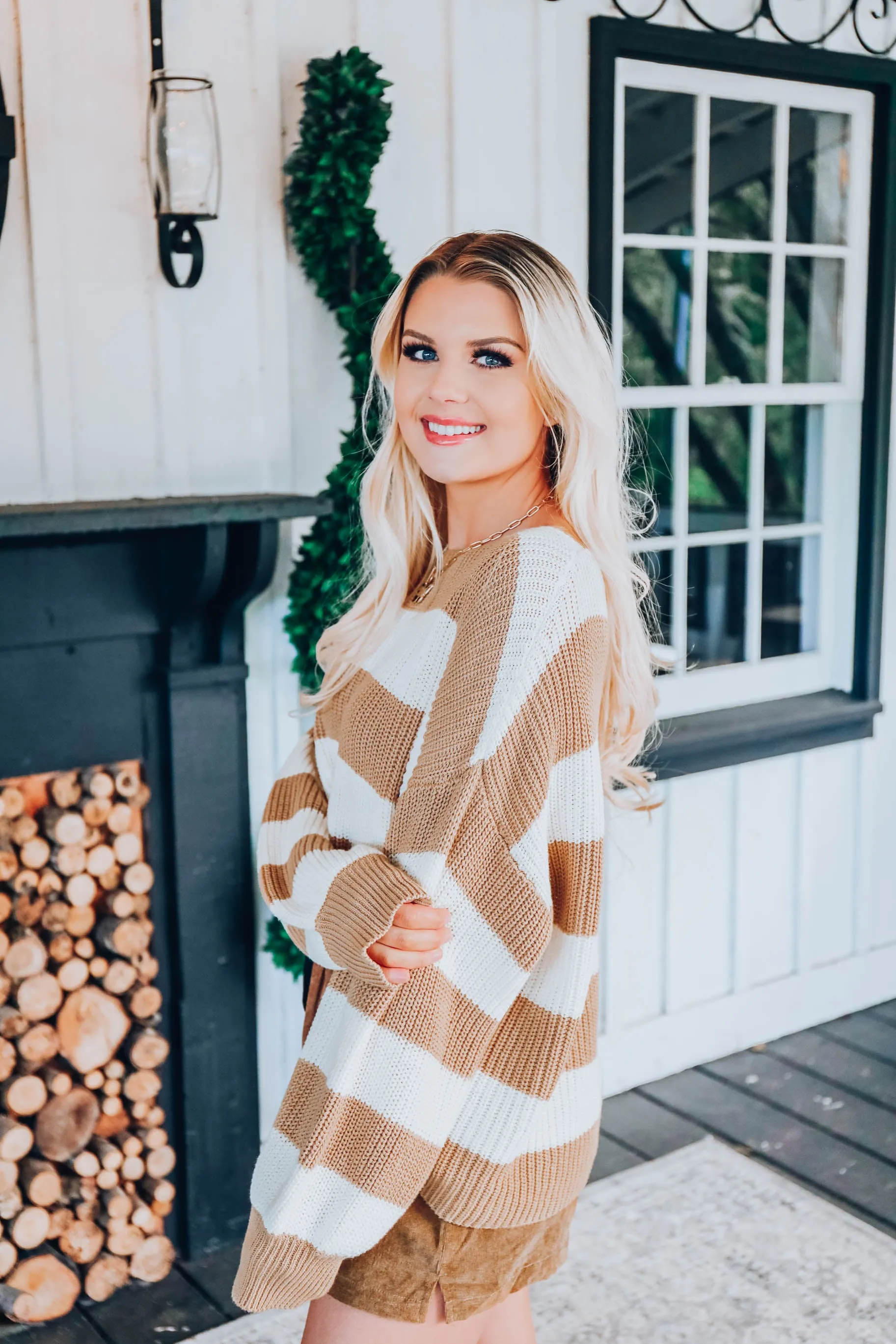 Puff Sleeve Striped Sweater - Beige