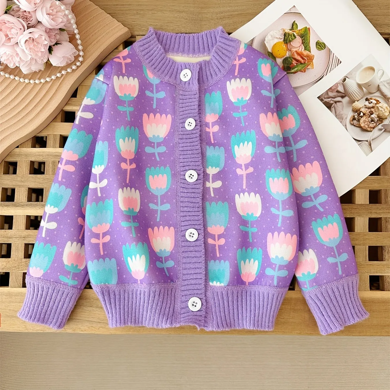 Purple Tulip Knitted Cardigan For Girls, Stylish Button-up Crew Neck Outerwear For Spring/Fall