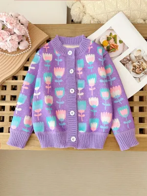 Purple Tulip Knitted Cardigan For Girls, Stylish Button-up Crew Neck Outerwear For Spring/Fall