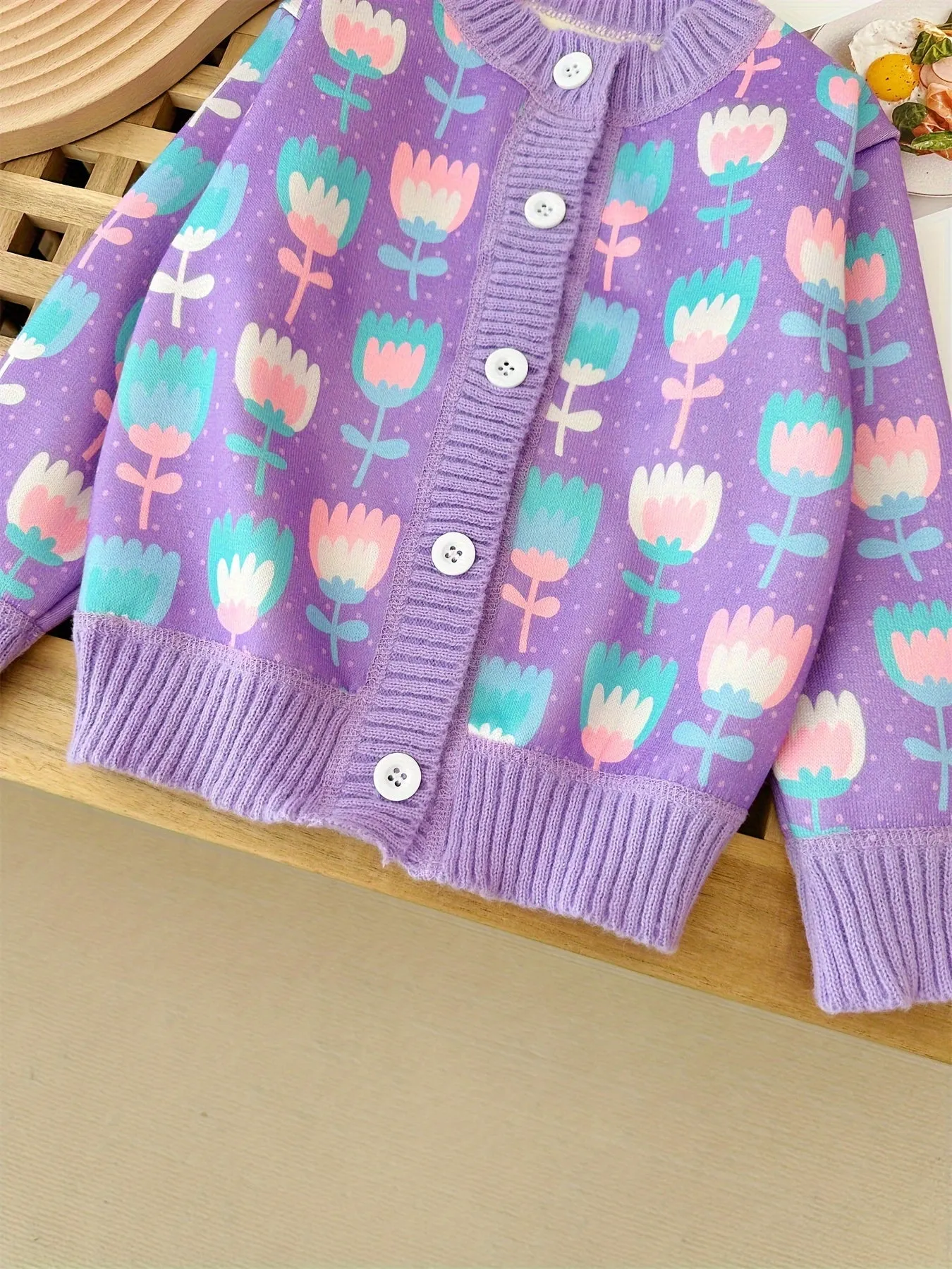 Purple Tulip Knitted Cardigan For Girls, Stylish Button-up Crew Neck Outerwear For Spring/Fall