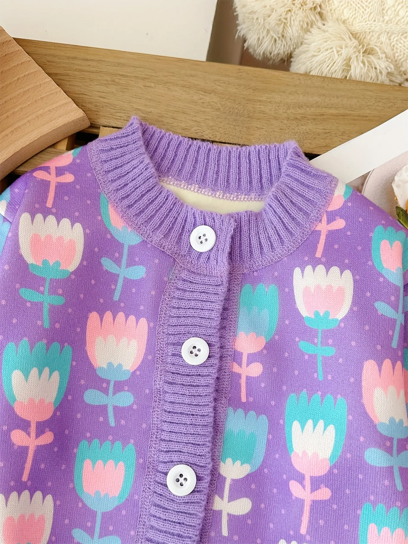 Purple Tulip Knitted Cardigan For Girls, Stylish Button-up Crew Neck Outerwear For Spring/Fall