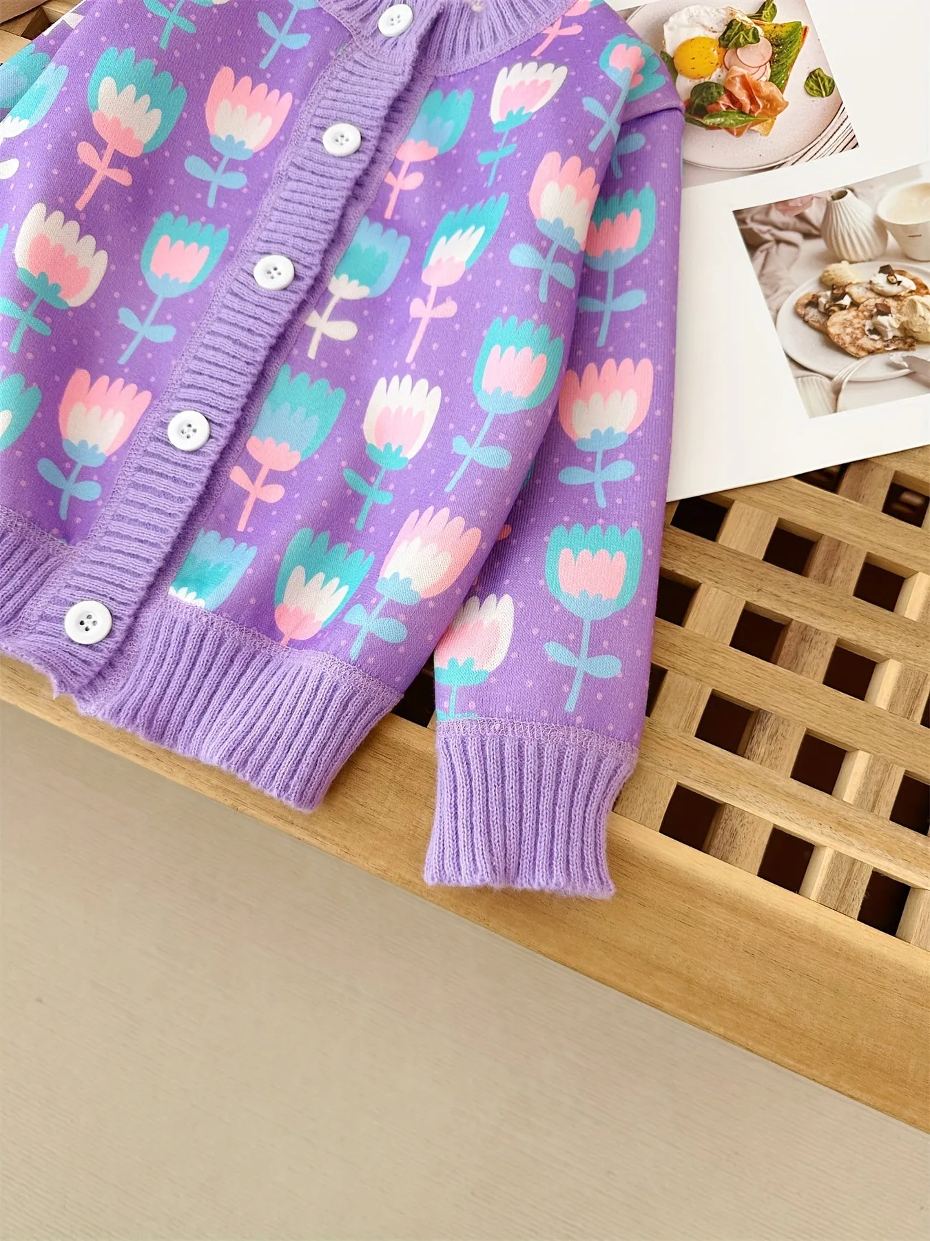 Purple Tulip Knitted Cardigan For Girls, Stylish Button-up Crew Neck Outerwear For Spring/Fall
