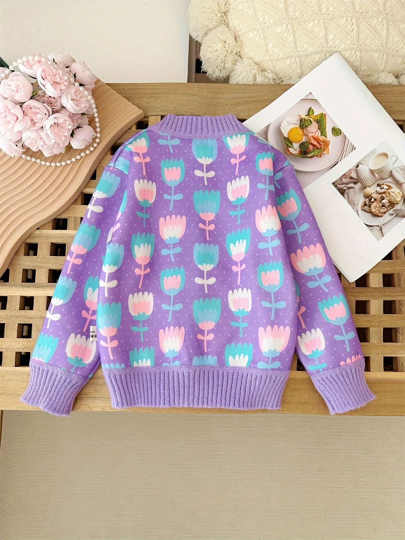 Purple Tulip Knitted Cardigan For Girls, Stylish Button-up Crew Neck Outerwear For Spring/Fall
