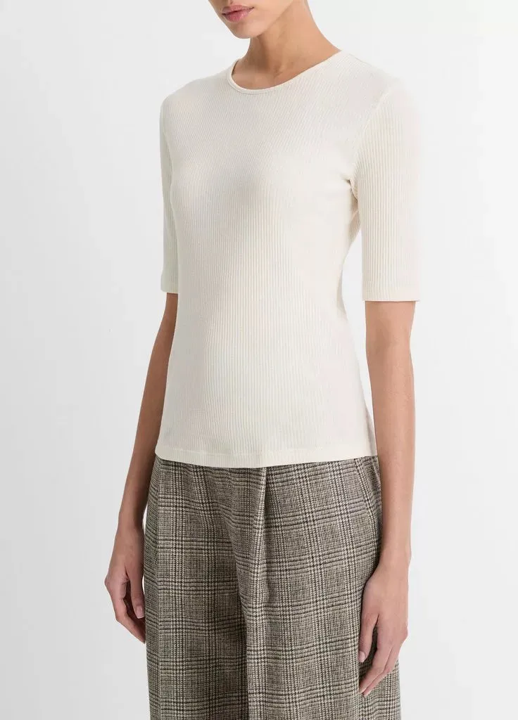 Ribbed Cotton Elbow-Sleeve T-Shirt - Light White Sand