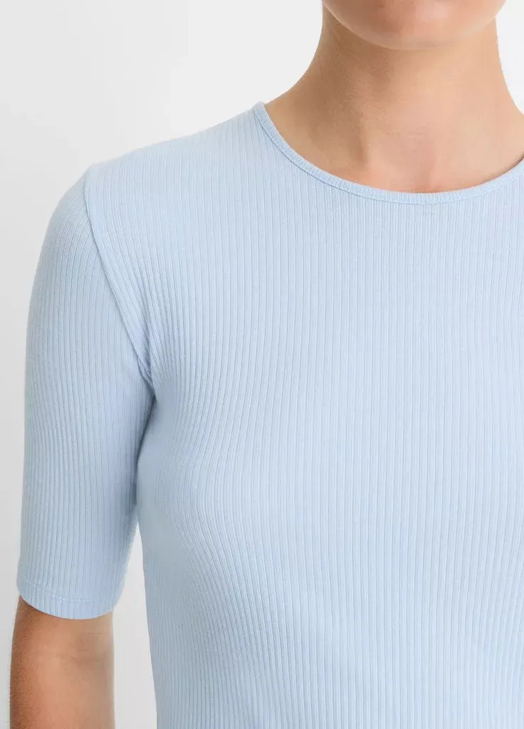 Ribbed Cotton Elbow-Sleeve T-Shirt - Porcelain Blue
