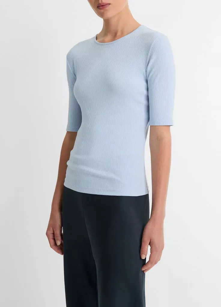 Ribbed Cotton Elbow-Sleeve T-Shirt - Porcelain Blue