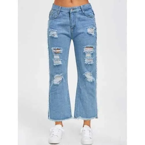 Ripped Raw Hem Wide Leg Jeans - Blue L