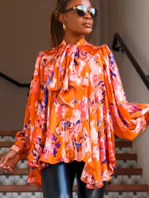 Robyn Neck-Tie Print Top (Orange Print)