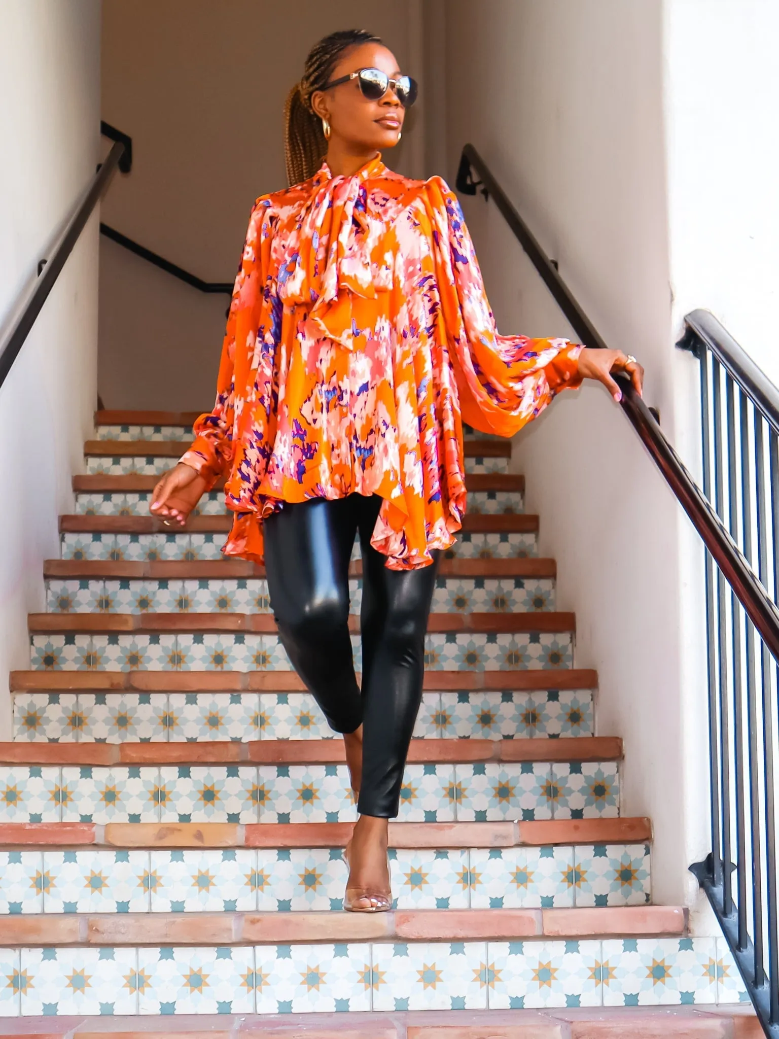 Robyn Neck-Tie Print Top (Orange Print)