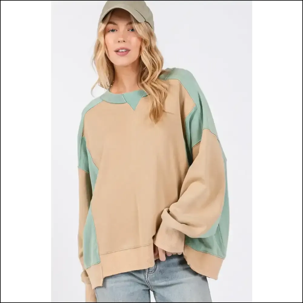 SAGE   FIG Color Block Round Neck Sweatshirt